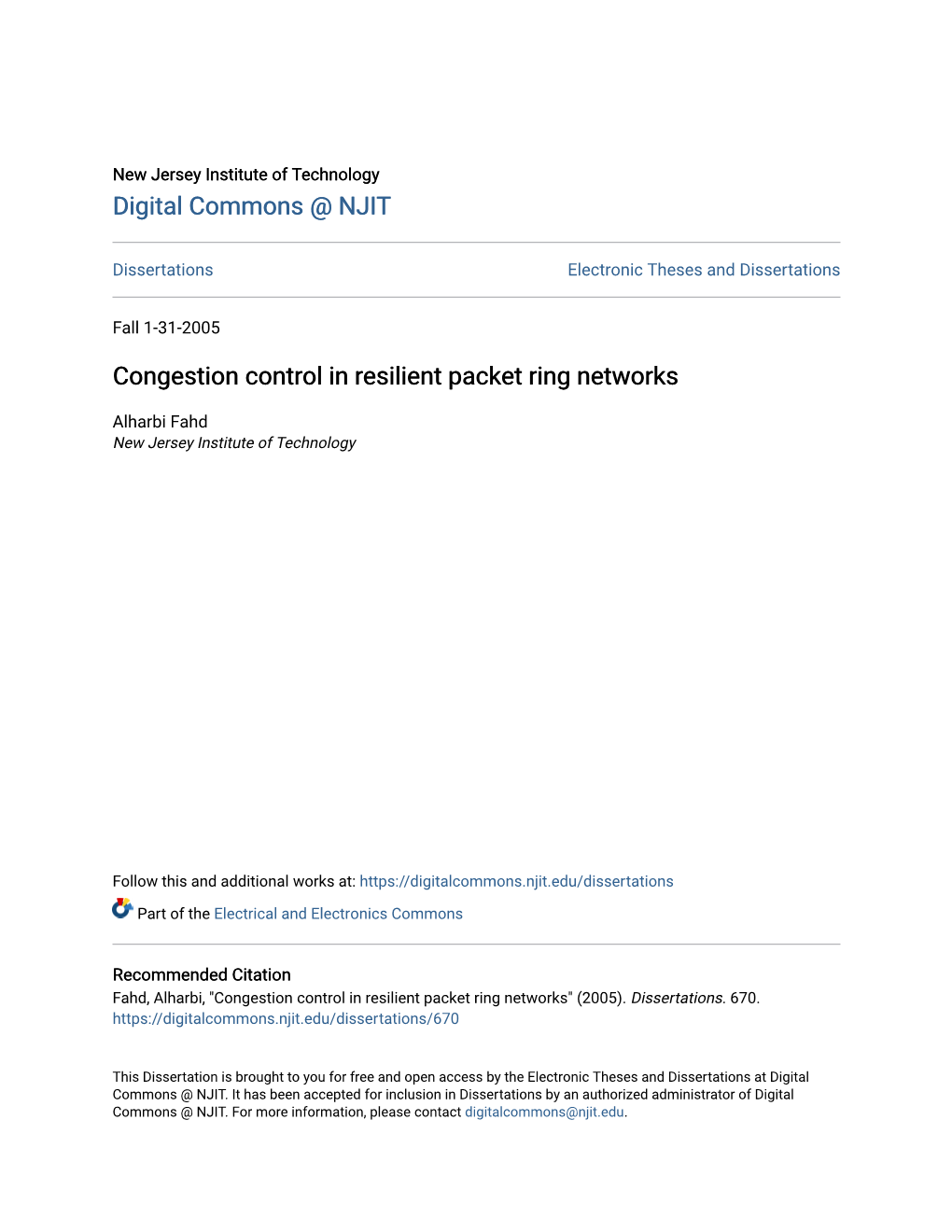 Congestion Control in Resilient Packet Ring Networks