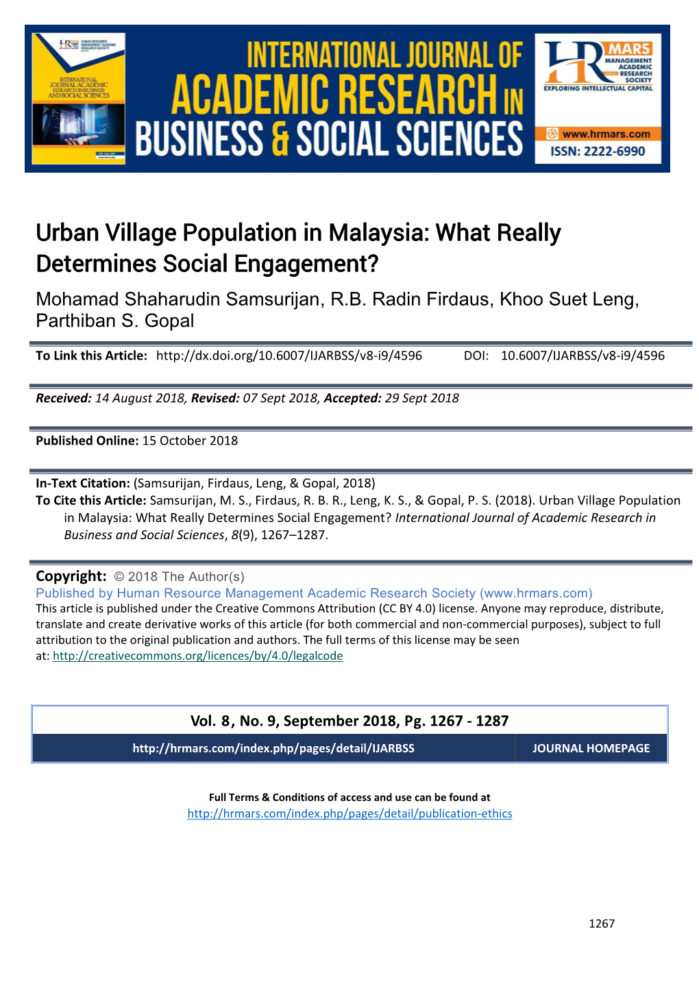 Urban Village Population in Malaysia: What Really Determines Social Engagement?