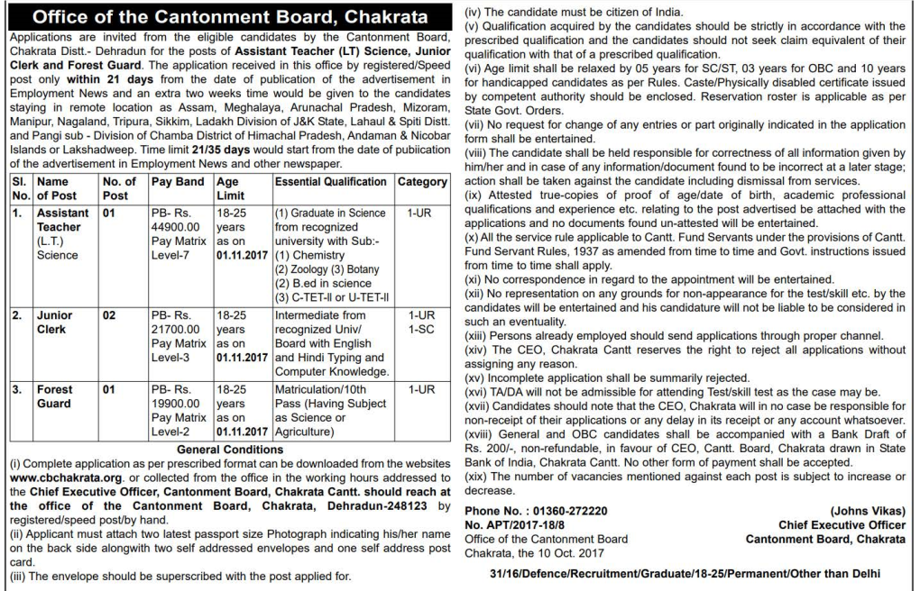 Office of the Cantonment Board, Chakrata (Iv) the Candidate Must Be Citizen of India