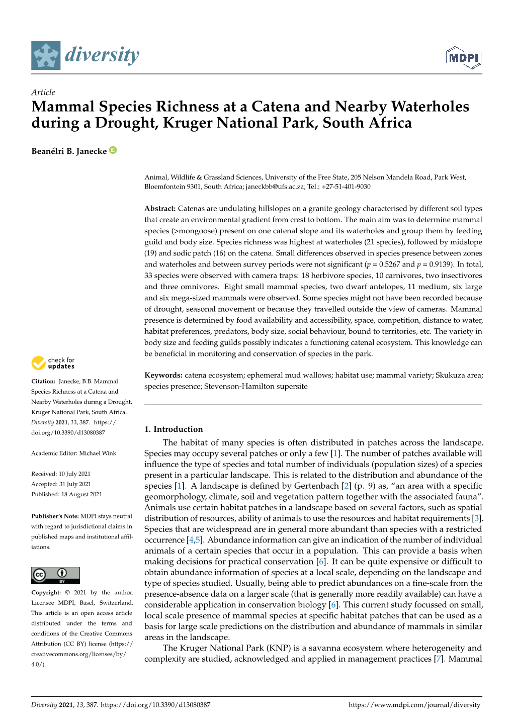 Mammal Species Richness at a Catena and Nearby Waterholes During a Drought, Kruger National Park, South Africa