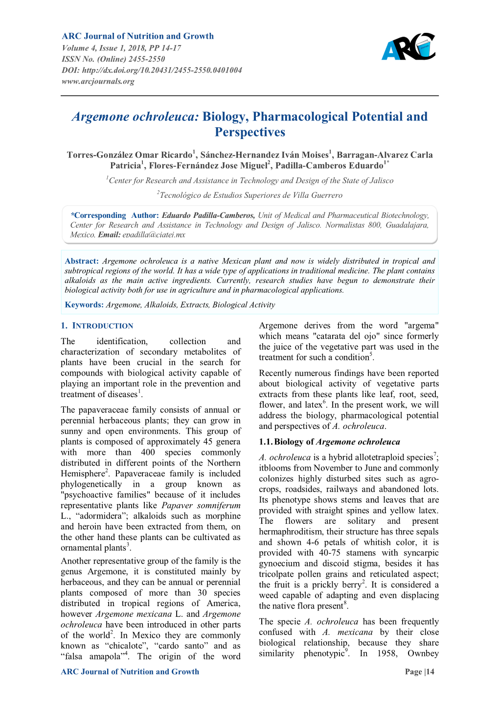 Argemone Ochroleuca: Biology, Pharmacological Potential and Perspectives