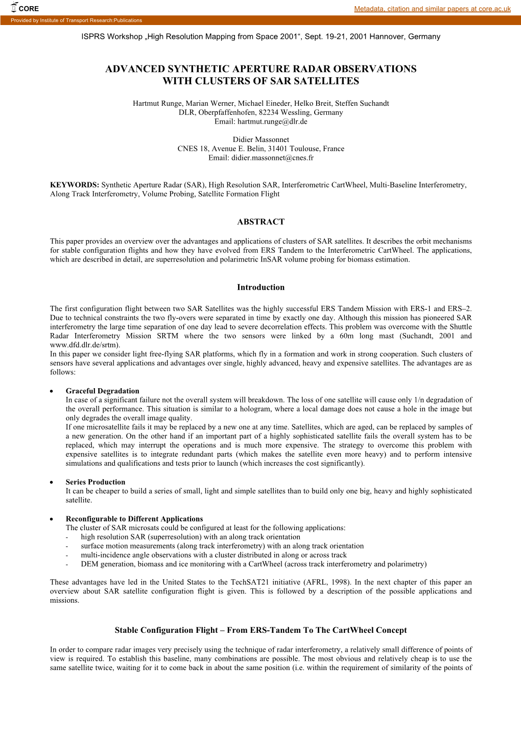 Advanced Synthetic Aperture Radar Observations with Clusters of Sar Satellites