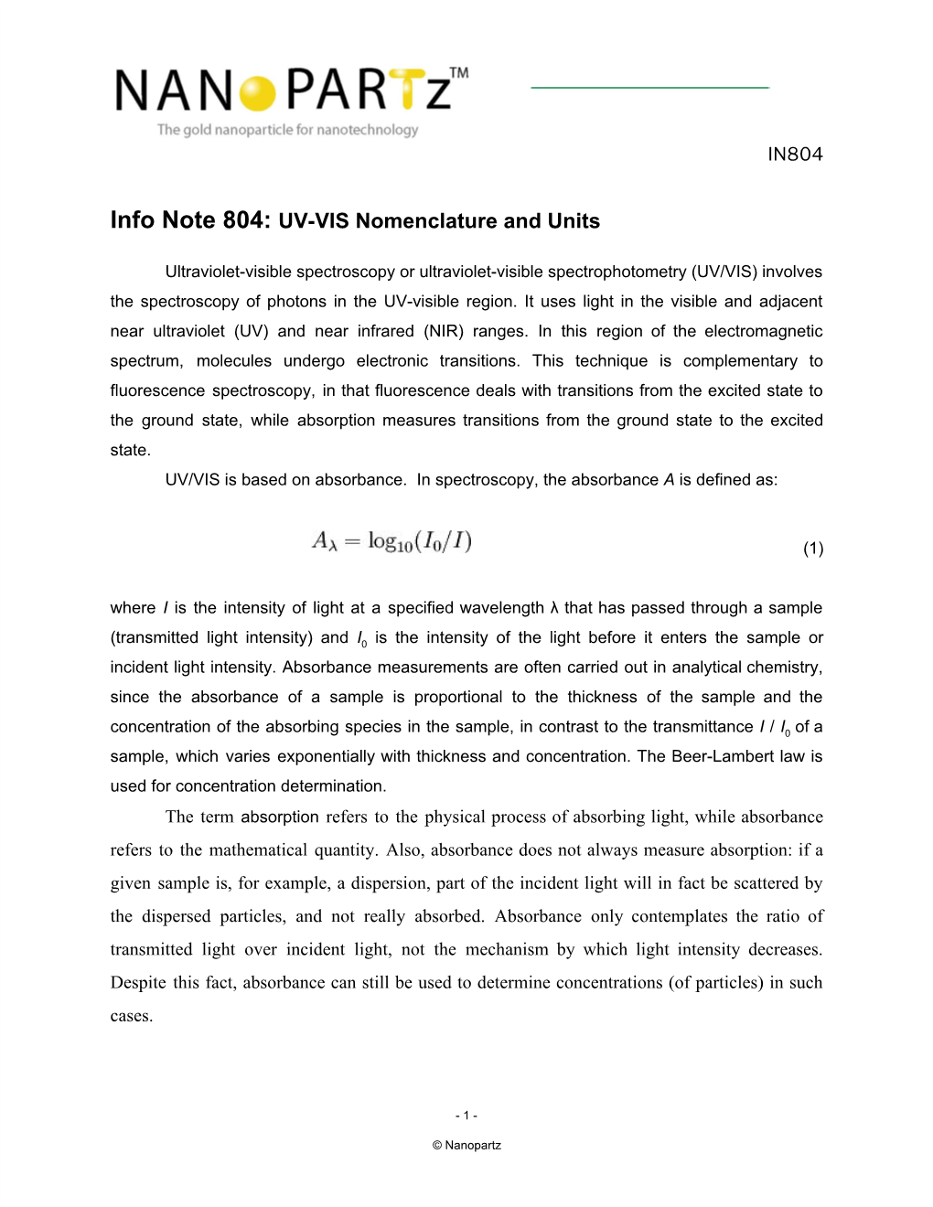 UV-VIS Nomenclature and Units