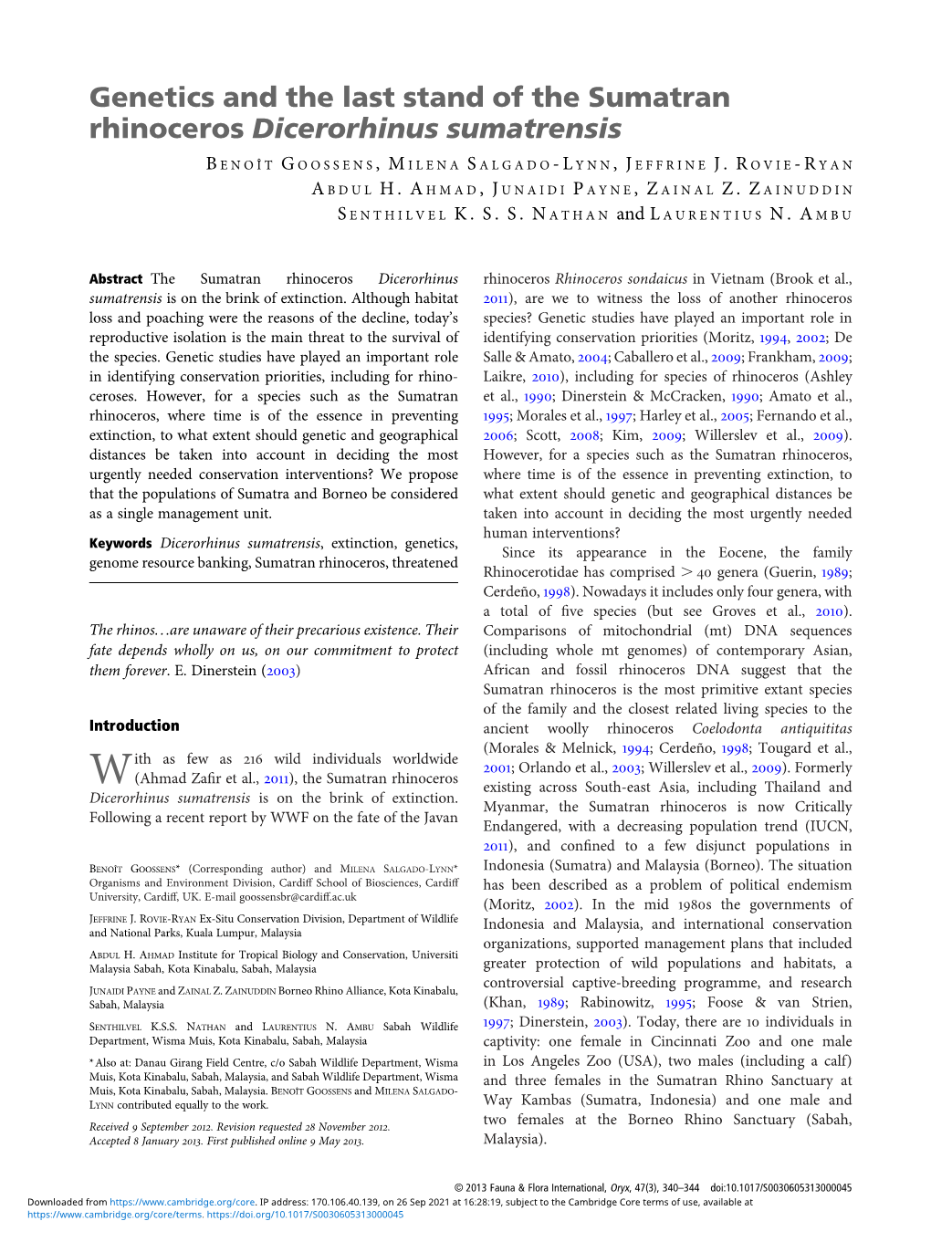 Genetics and the Last Stand of the Sumatran Rhinoceros Dicerorhinus Sumatrensis