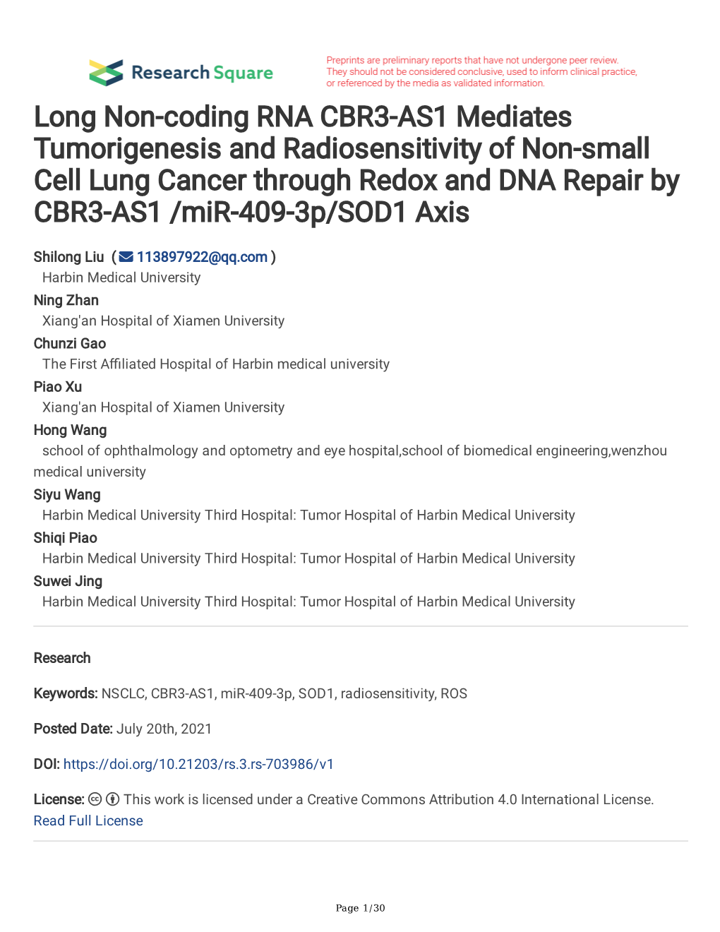 Long Non-Coding RNA CBR3-AS1 Mediates Tumorigenesis and Radiosensitivity of Non-Small Cell Lung Cancer Through Redox and DNA Repair by CBR3-AS1 /Mir-409-3P/SOD1 Axis