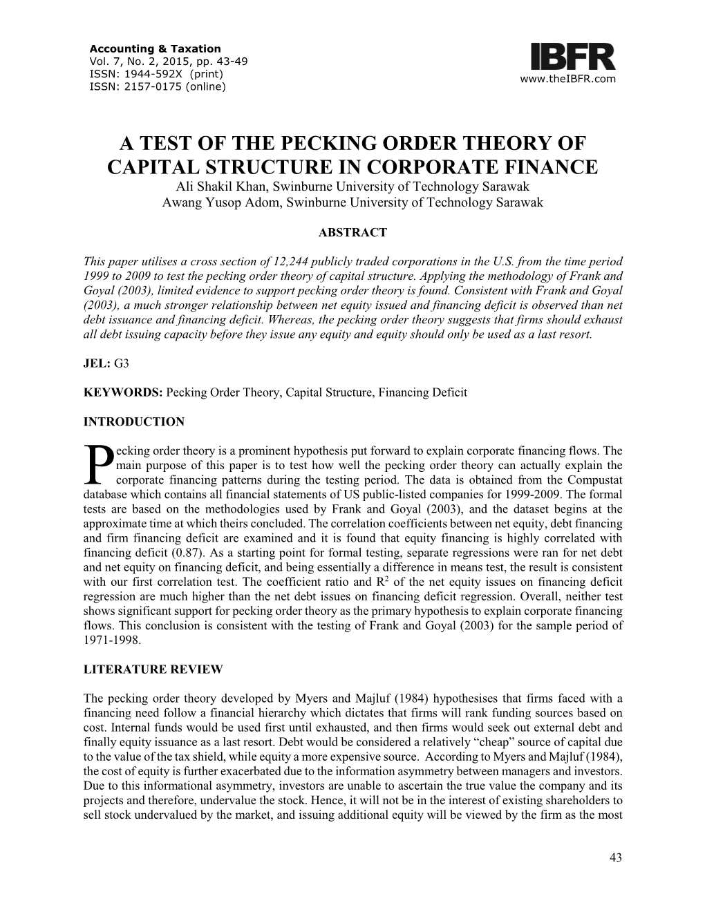 A Test of the Pecking Order Theory of Capital Structure in Corporate Finance