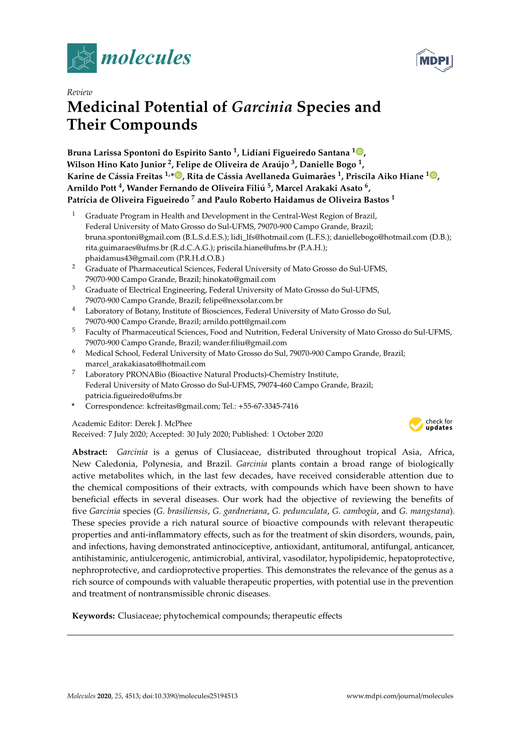 Medicinal Potential of Garcinia Species and Their Compounds