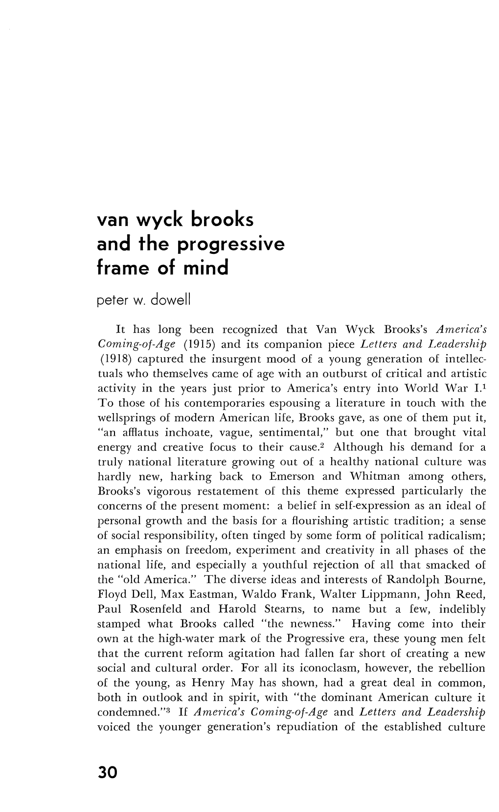 Van Wyck Brooks and the Progressive Frame of Mind 30