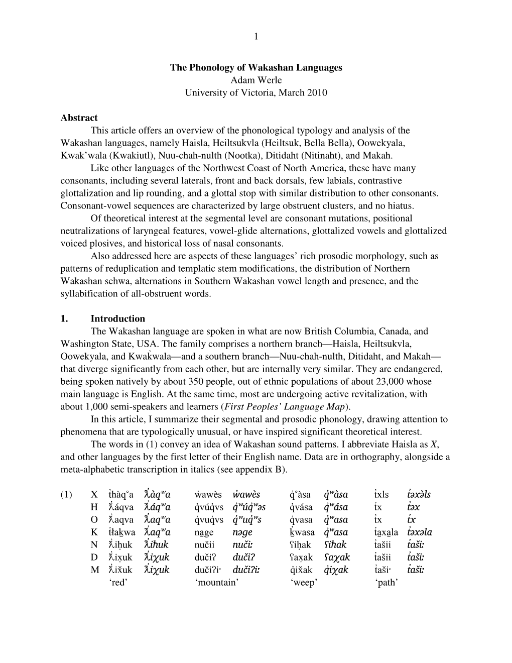 1 the Phonology of Wakashan Languages Adam Werle University