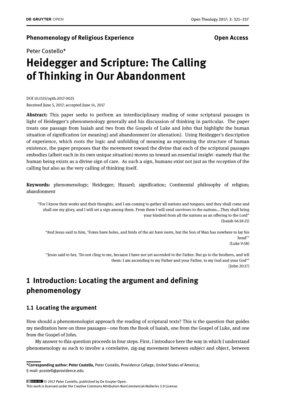 Heidegger and Scripture: the Calling of Thinking in Our Abandonment