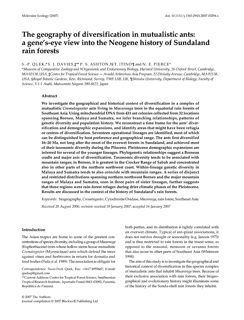 The Geography of Diversification in Mutualistic Ants: a Gene's-Eye View Into the Neogene History of Sundaland Rain Forests