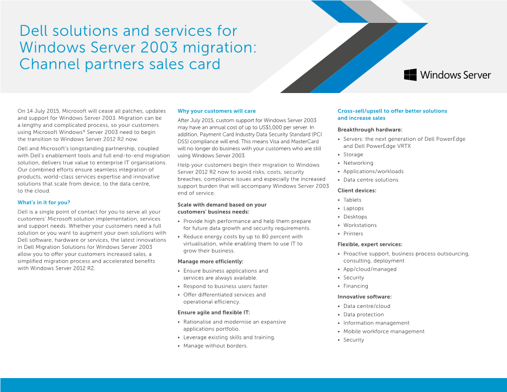 Dell Solutions and Services for Windows Server 2003 Migration: Channel Partners Sales Card