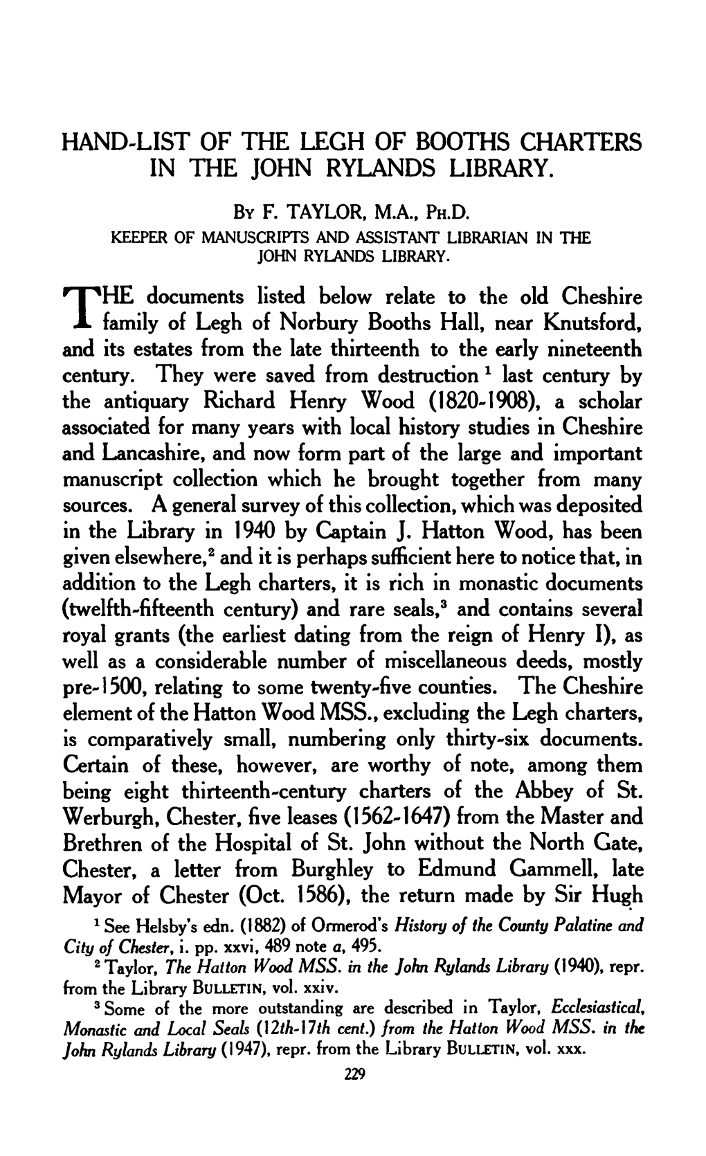 Hand-List of the Legh of Booths Charters in the John Rylands Library