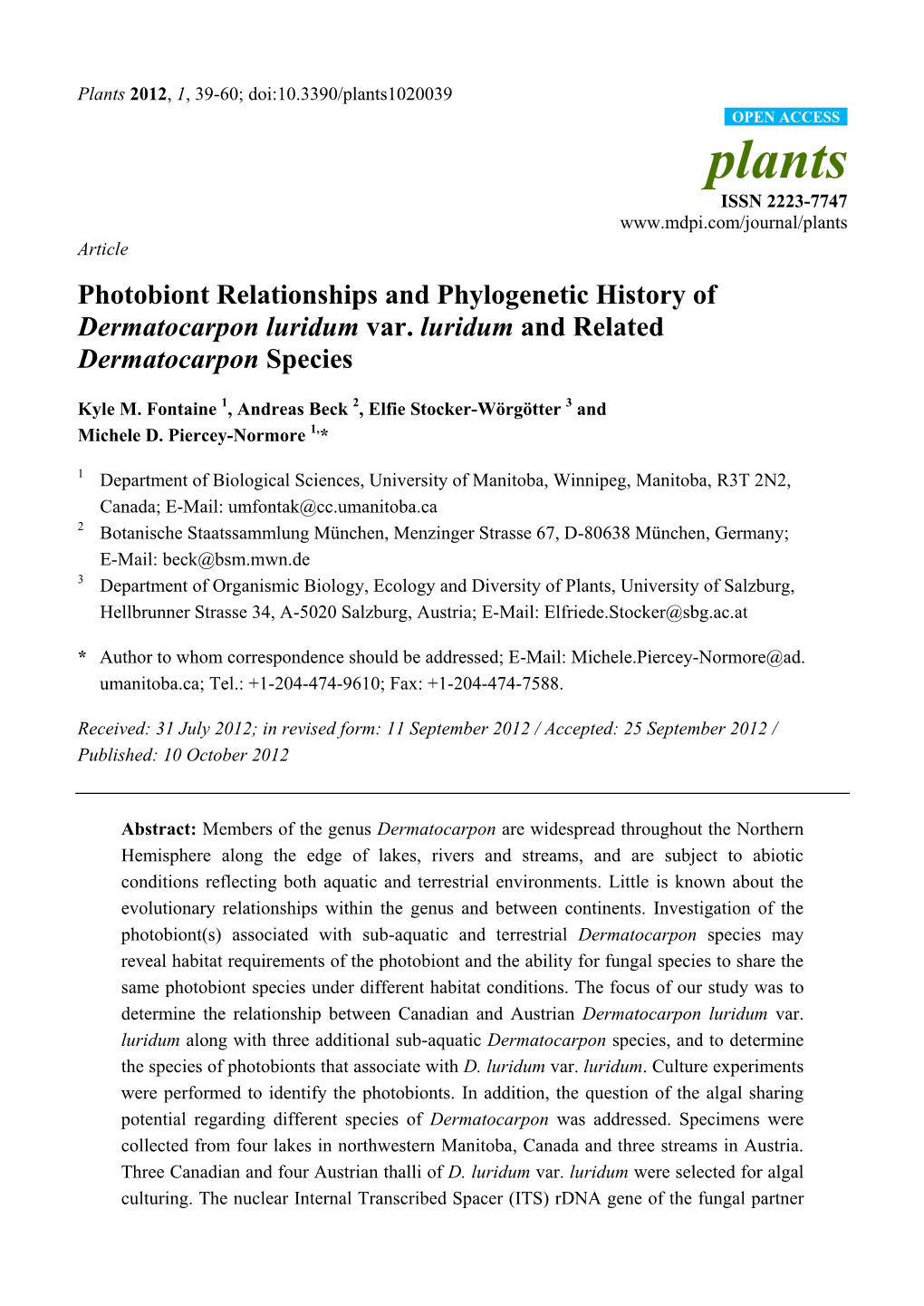 Photobiont Relationships and Phylogenetic History of Dermatocarpon Luridum Var