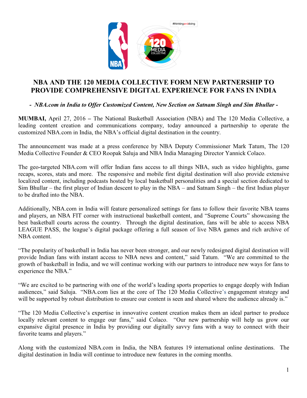 Nba and the 120 Media Collective Form New Partnership to Provide Comprehensive Digital Experience for Fans in India