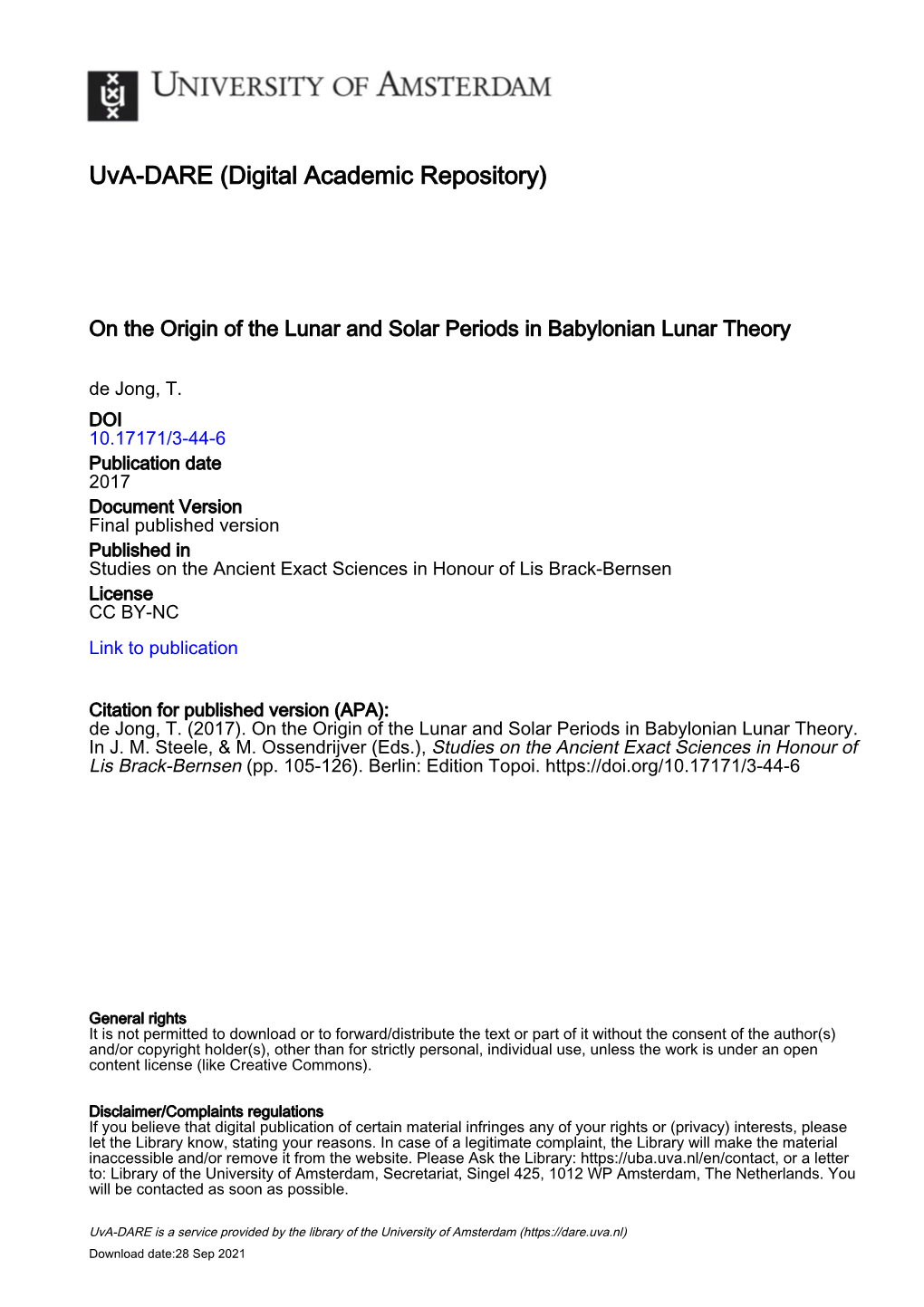 On the Origin of the Lunar and Solar Periods in Babylonian Lunar Theory De Jong, T