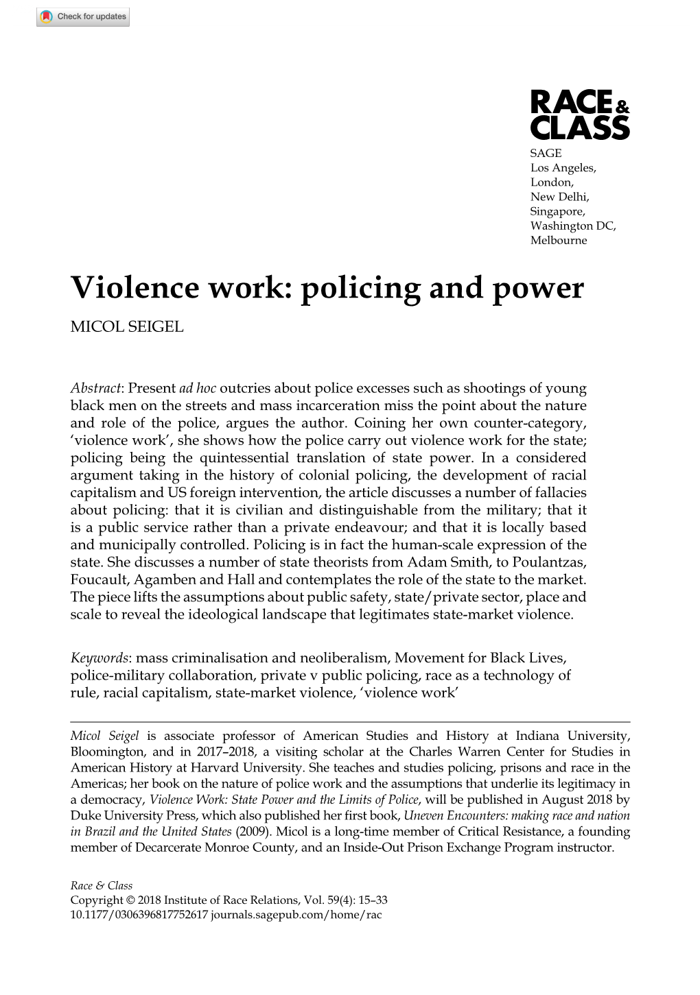 Violence Work: Policing and Power Micol Seigel