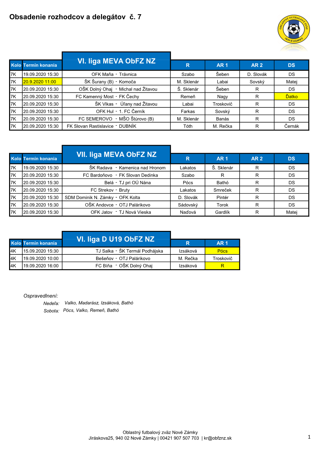 Obsadenie Rozhodcov a Delegátov Č. 7 VII. Liga MEVA Obfz NZ VI. Liga