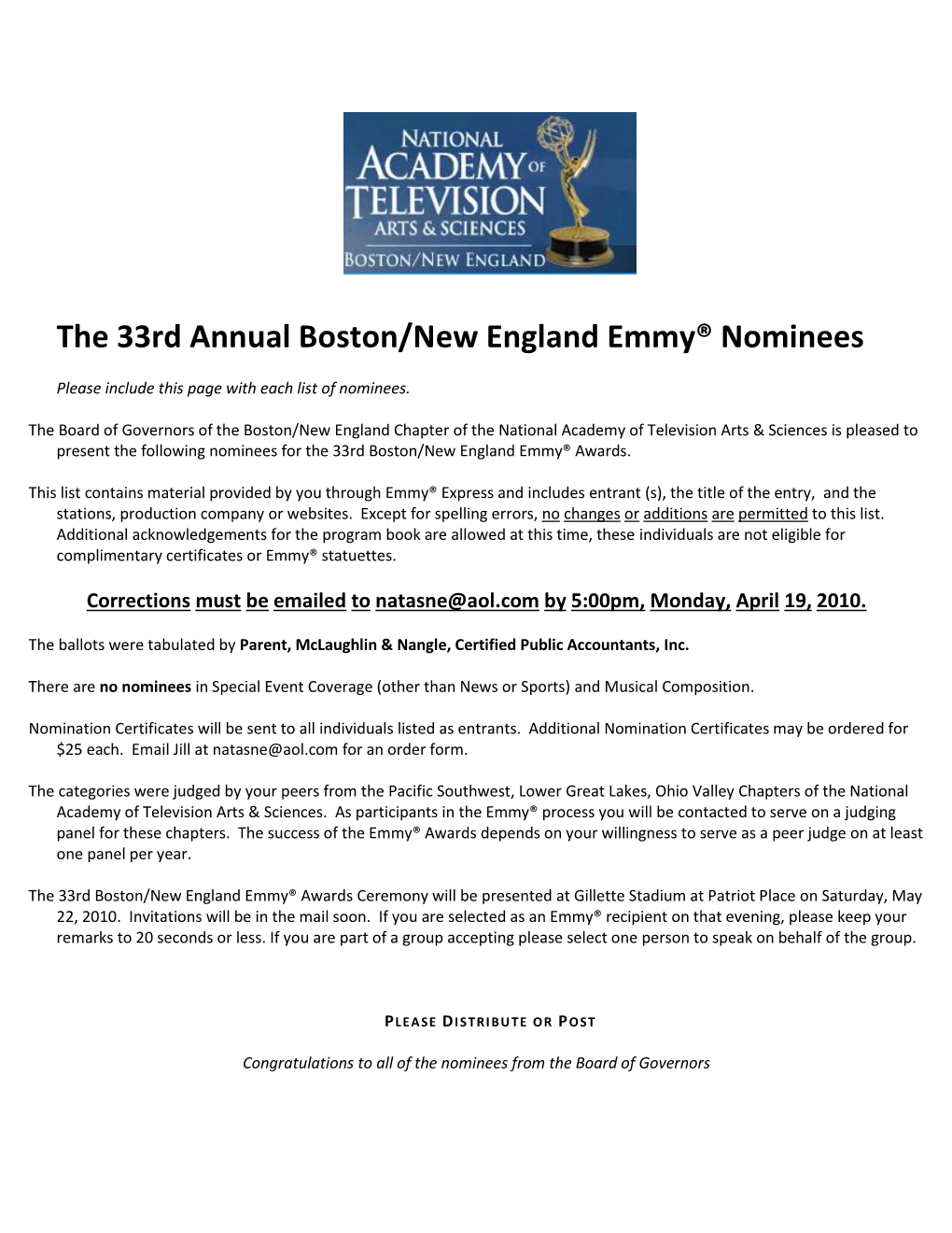 33Rd Boston-New England Nomination List