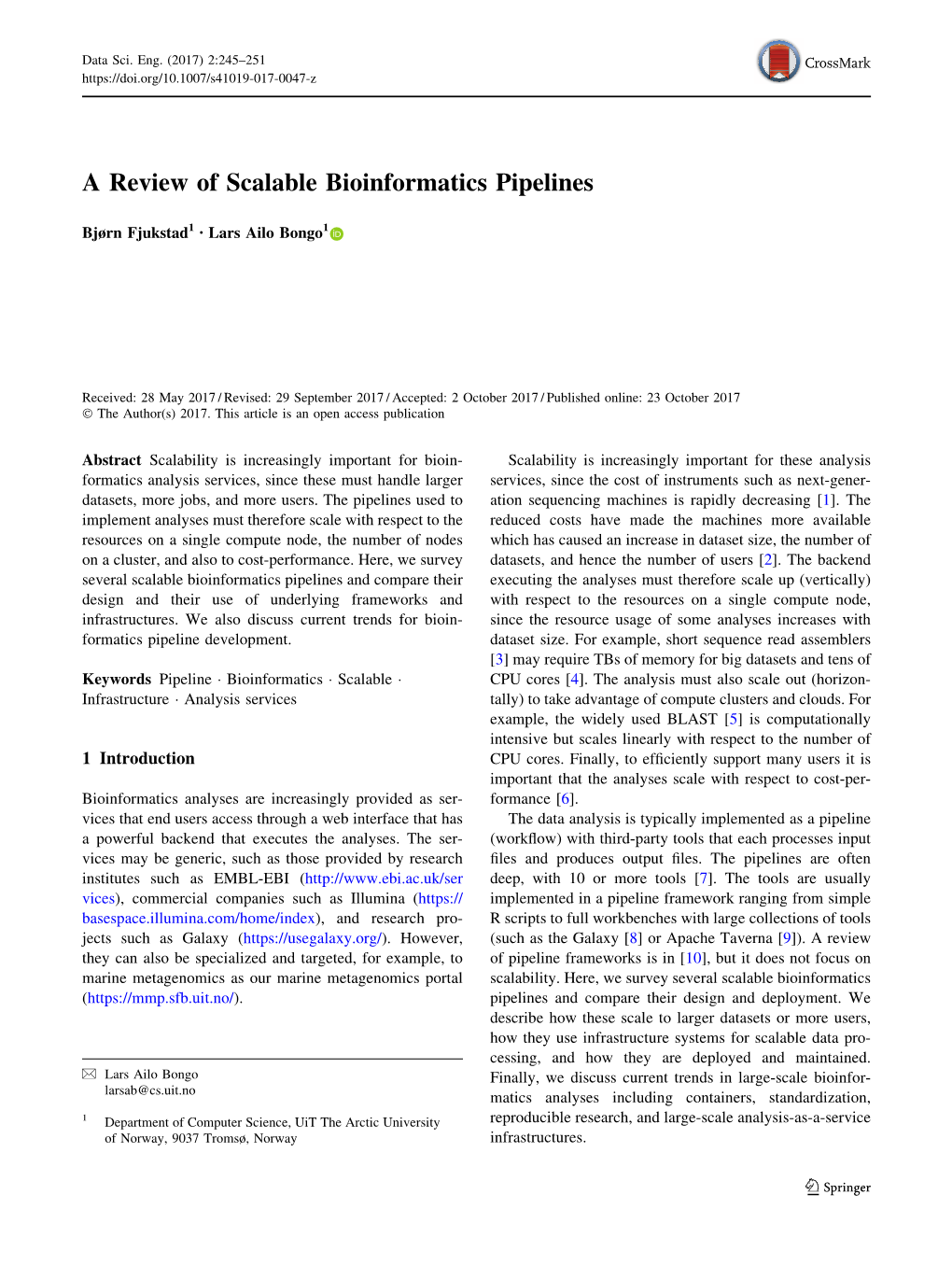 A Review of Scalable Bioinformatics Pipelines