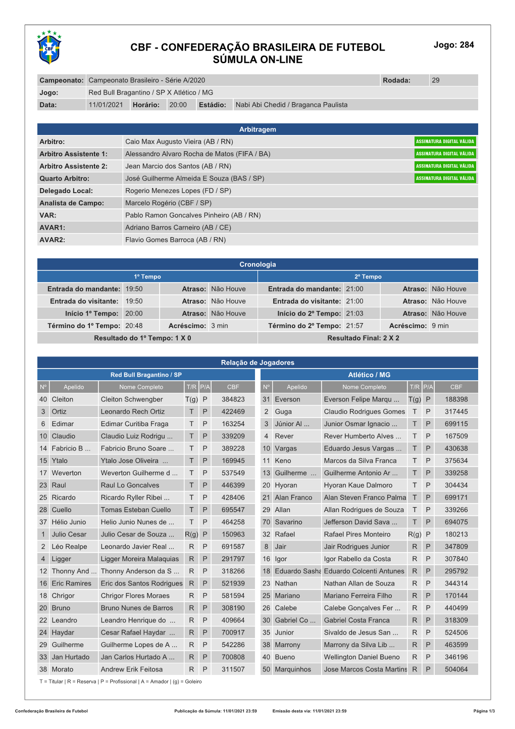 CBF - CONFEDERAÇÃO BRASILEIRA DE FUTEBOL Jogo: 284 SÚMULA ON-LINE