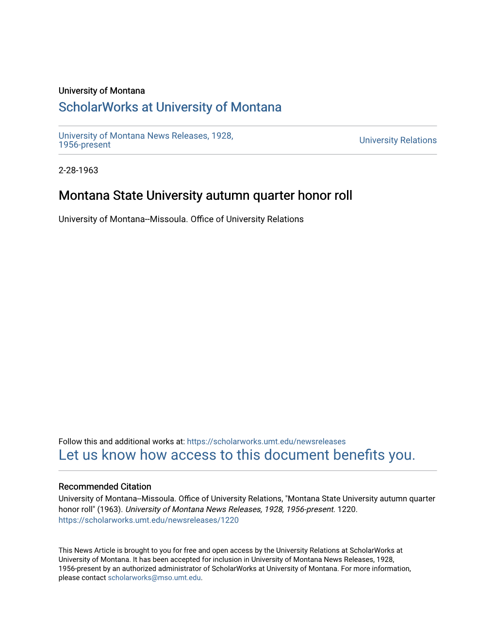 Montana State University Autumn Quarter Honor Roll