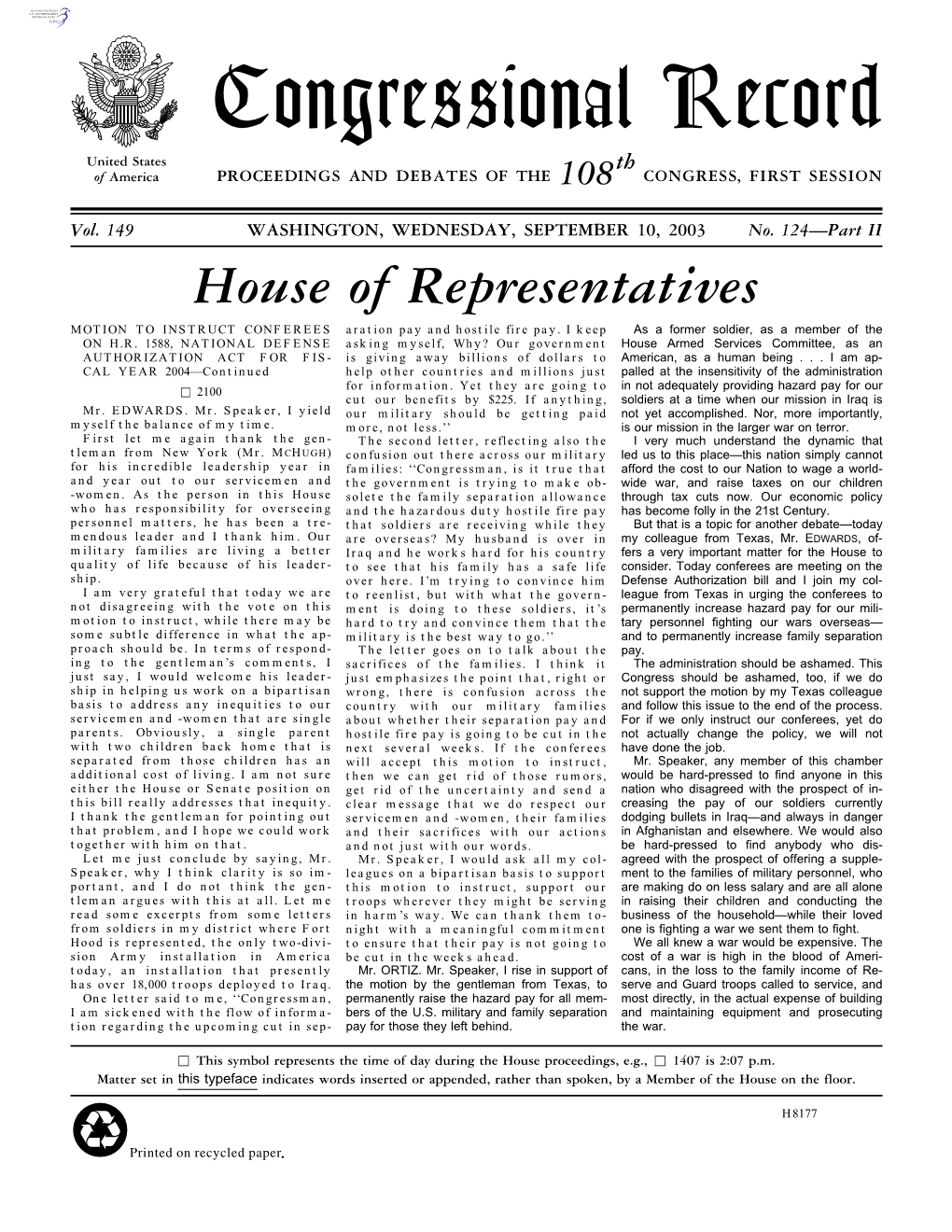 Congressional Record United States Th of America PROCEEDINGS and DEBATES of the 108 CONGRESS, FIRST SESSION