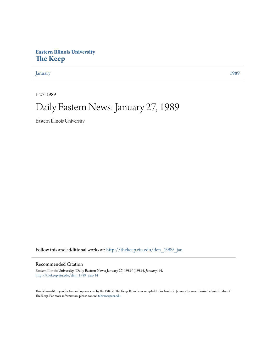 Daily Eastern News: January 27, 1989 Eastern Illinois University