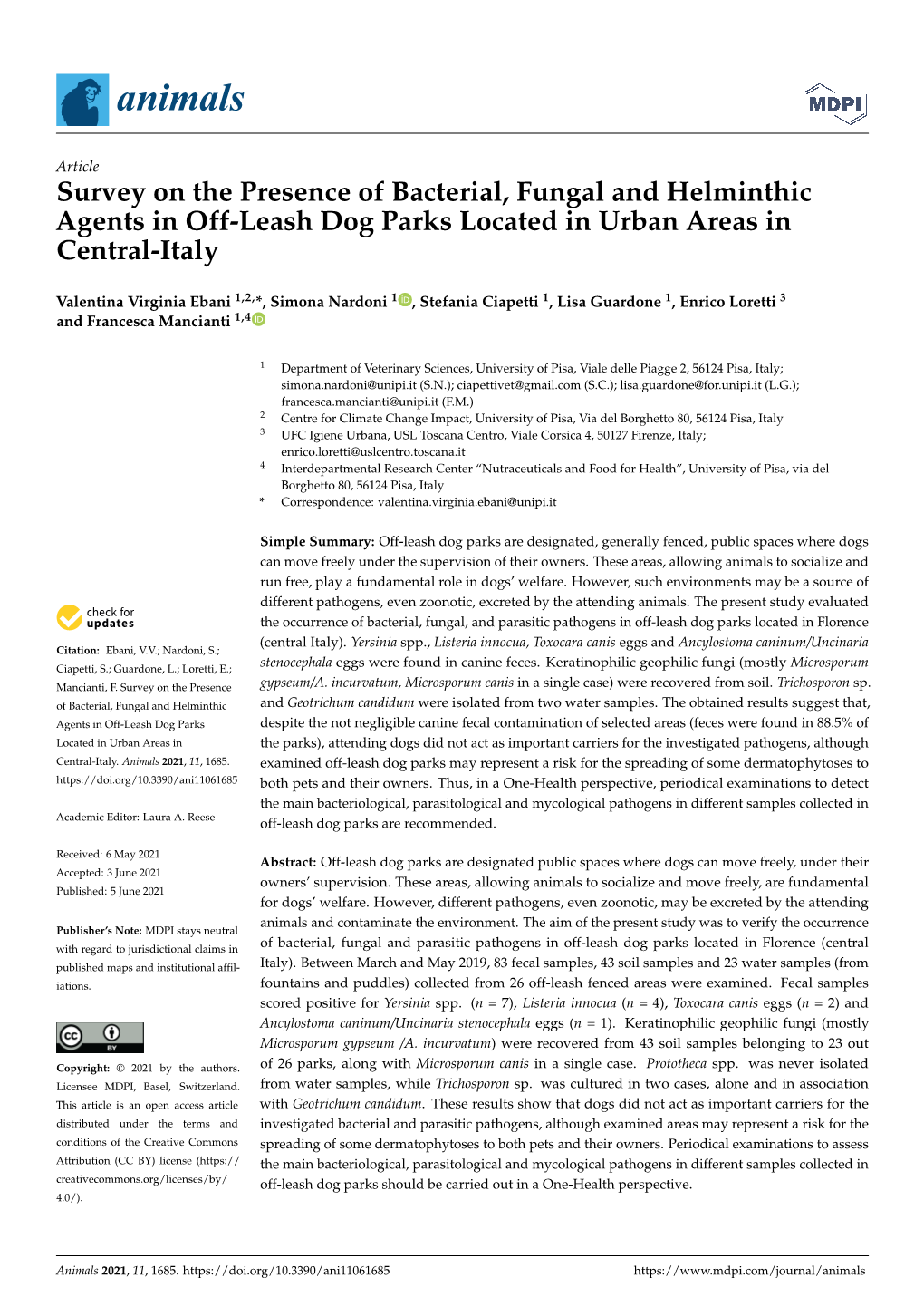 Survey on the Presence of Bacterial, Fungal and Helminthic Agents in Off-Leash Dog Parks Located in Urban Areas in Central-Italy