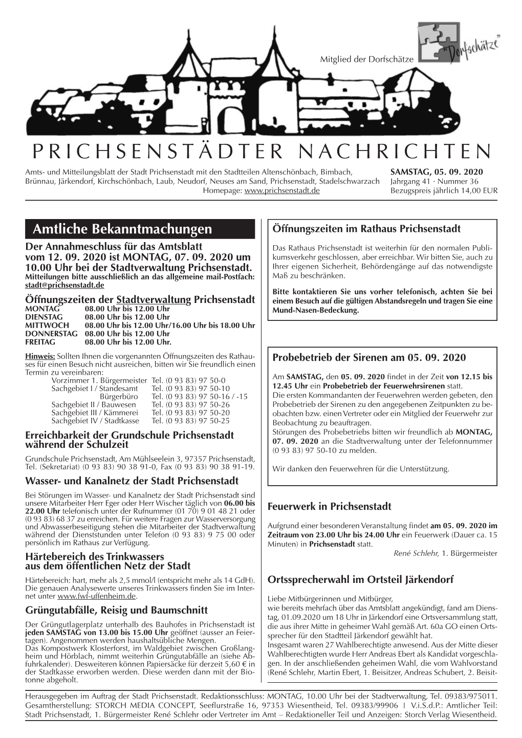 PRICHSENSTÄDTER NACHRICHTEN Amts- Und Mitteilungsblatt Der Stadt Prichsenstadt Mit Den Stadtteilen Altenschönbach, Bimbach, SAMSTAG, 05