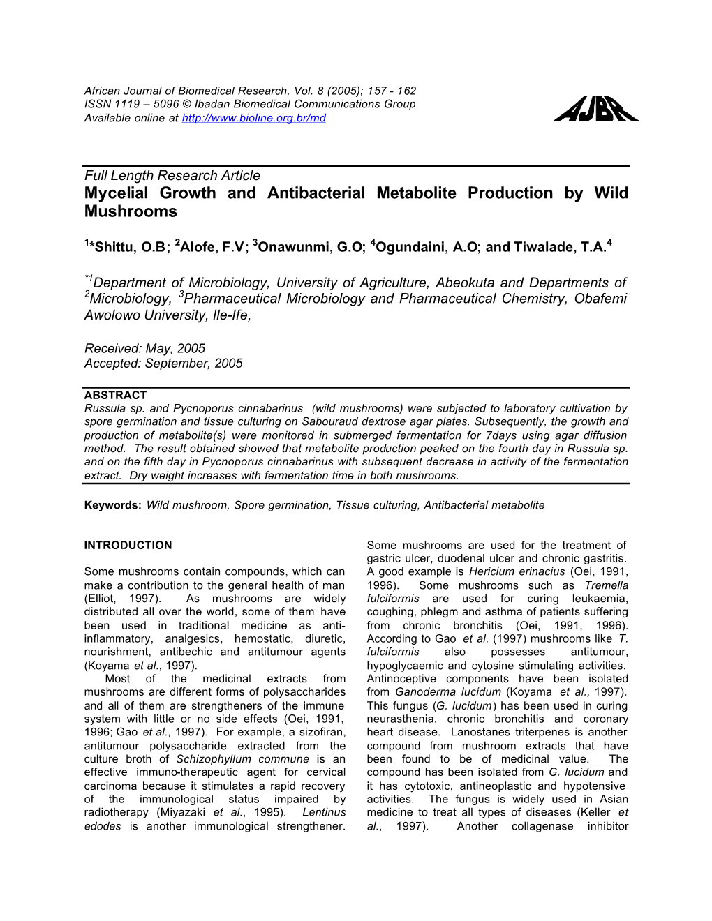 Growth and Antibacterial Metabolite Production by Wild Mushrooms