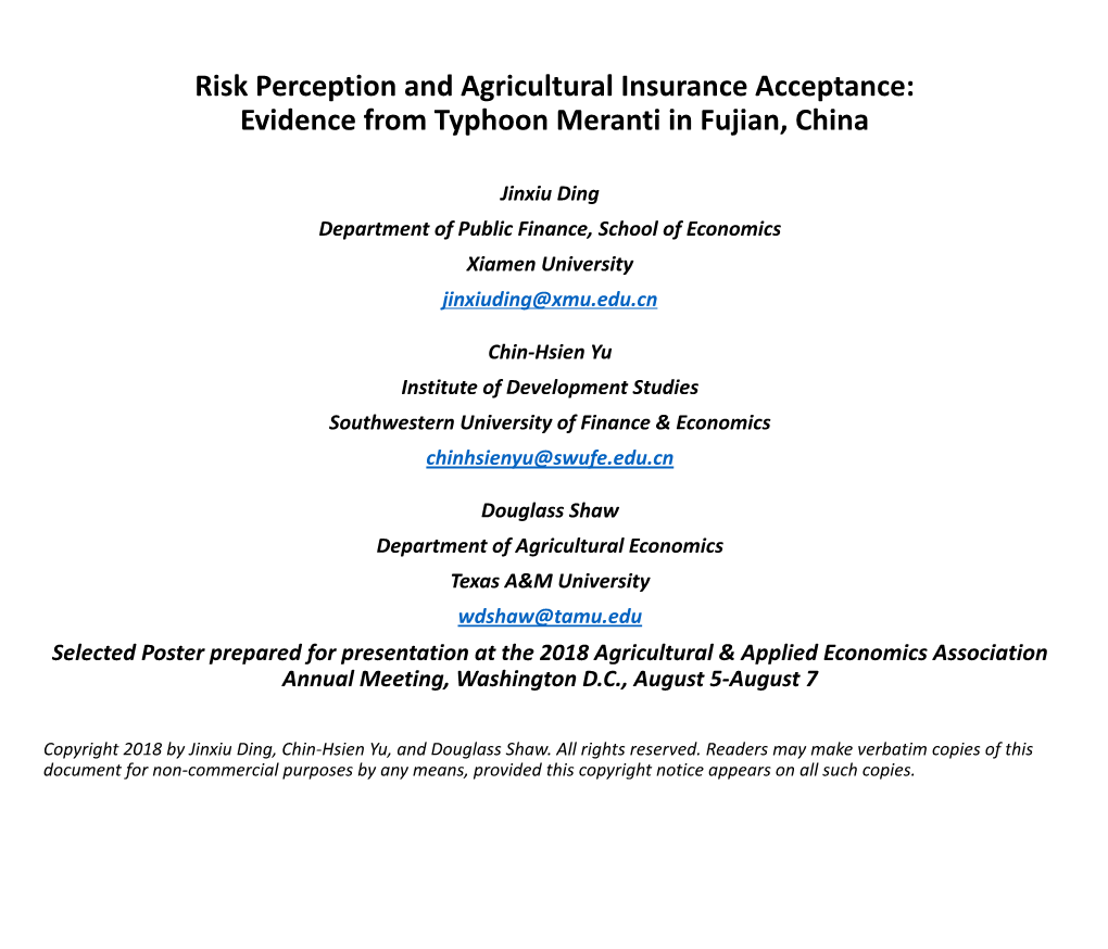 Risk Perception and Agricultural Insurance Acceptance: Evidence from Typhoon Meranti in Fujian, China