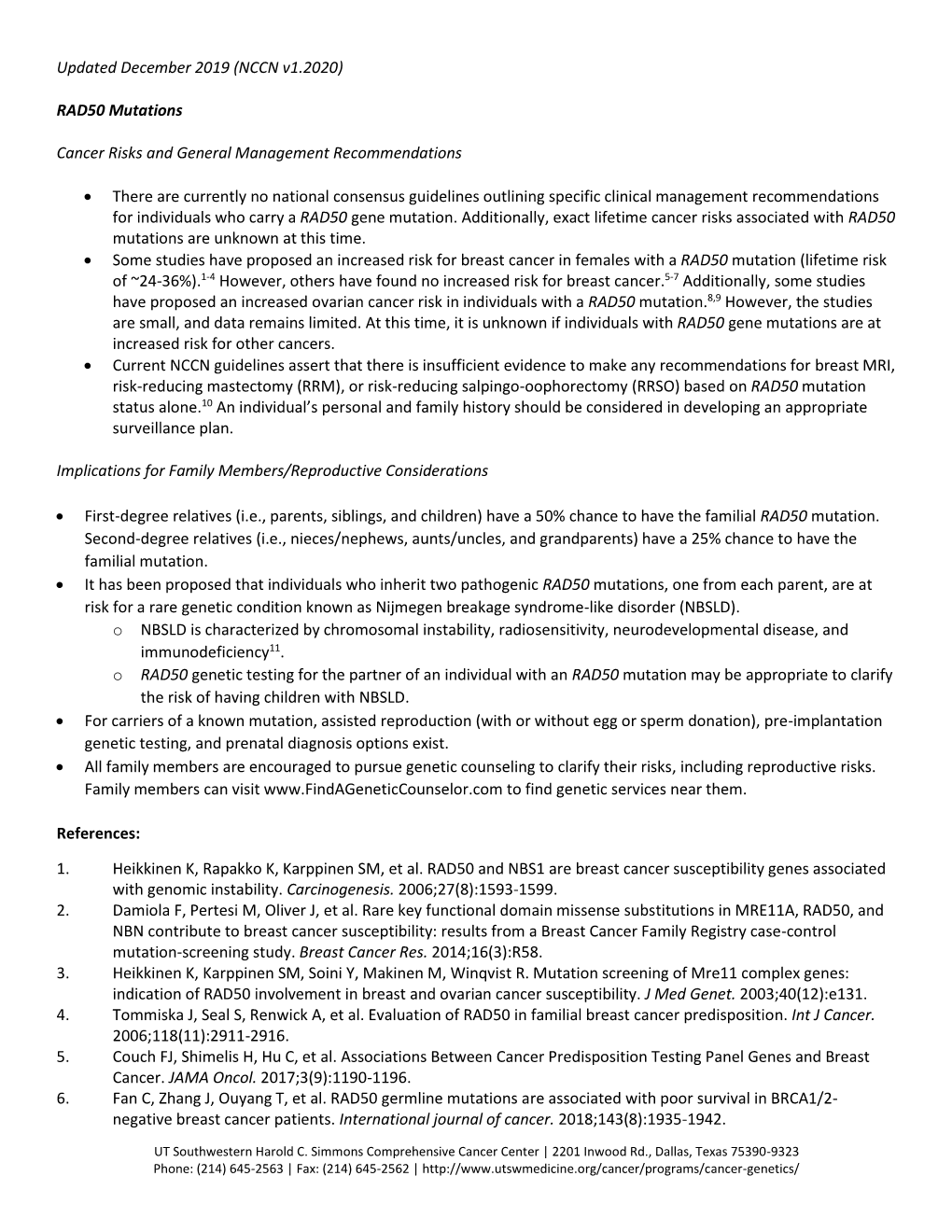 (NCCN V1.2020) RAD50 Mutations Cancer Risks and General