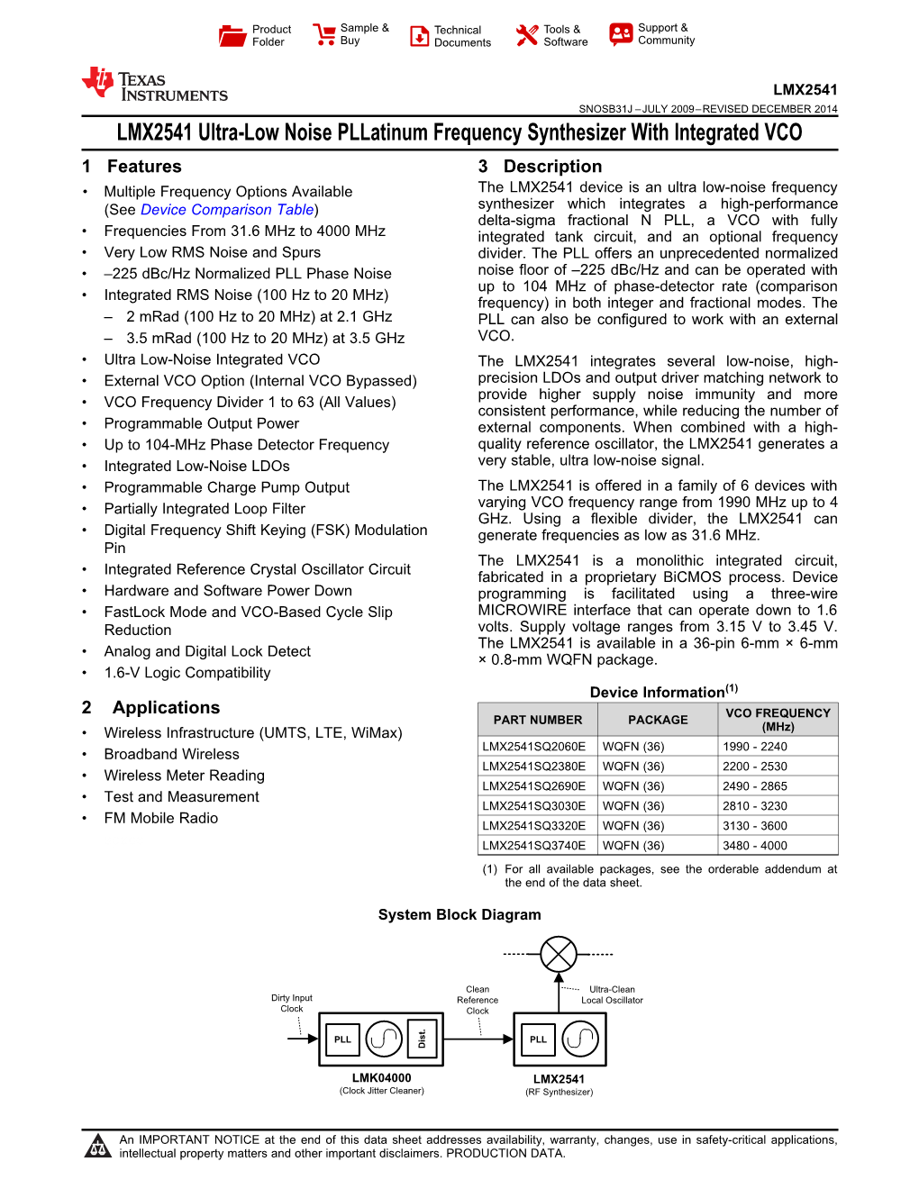 LMX2541 Ultra-Low Noise Pllatinum Frequency Synthesizer with Integrated VCO Datasheet (Rev. J)