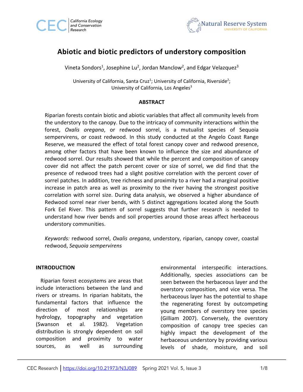 Abiotic and Biotic Predictors of Understory Composition