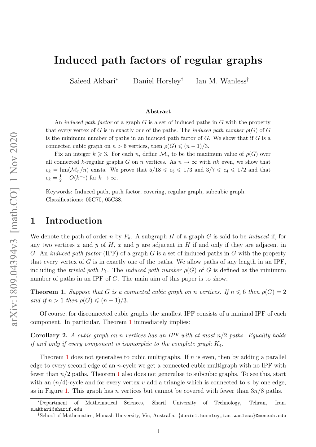 Induced Path Factors of Regular Graphs Arxiv:1809.04394V3 [Math.CO] 1