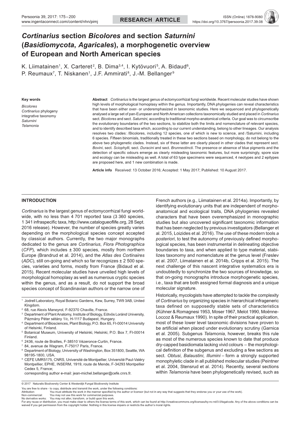 Cortinarius Section Bicolores and Section Saturnini (Basidiomycota, Agaricales), a Morphogenetic Overview of European and North American Species