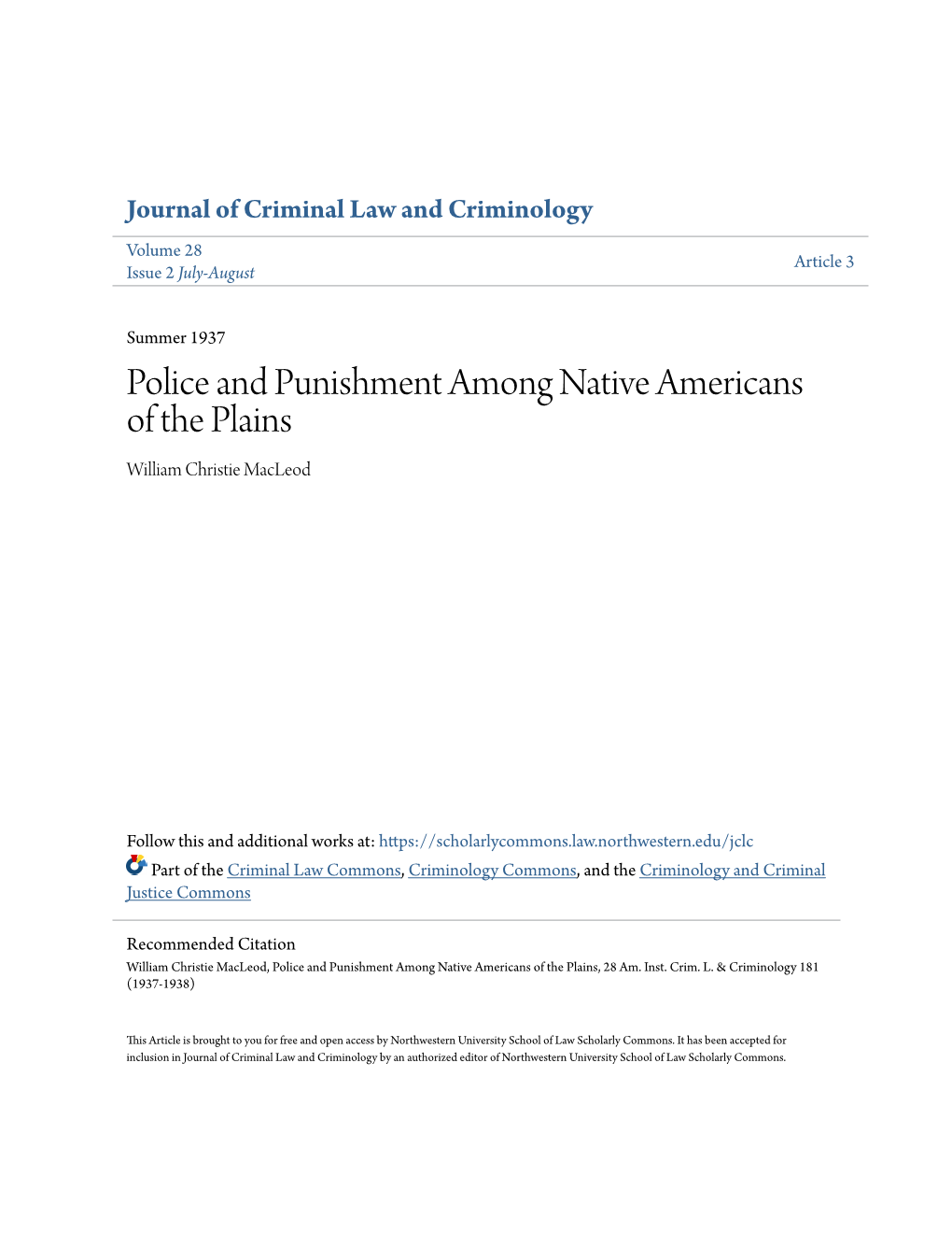 Police and Punishment Among Native Americans of the Plains William Christie Macleod