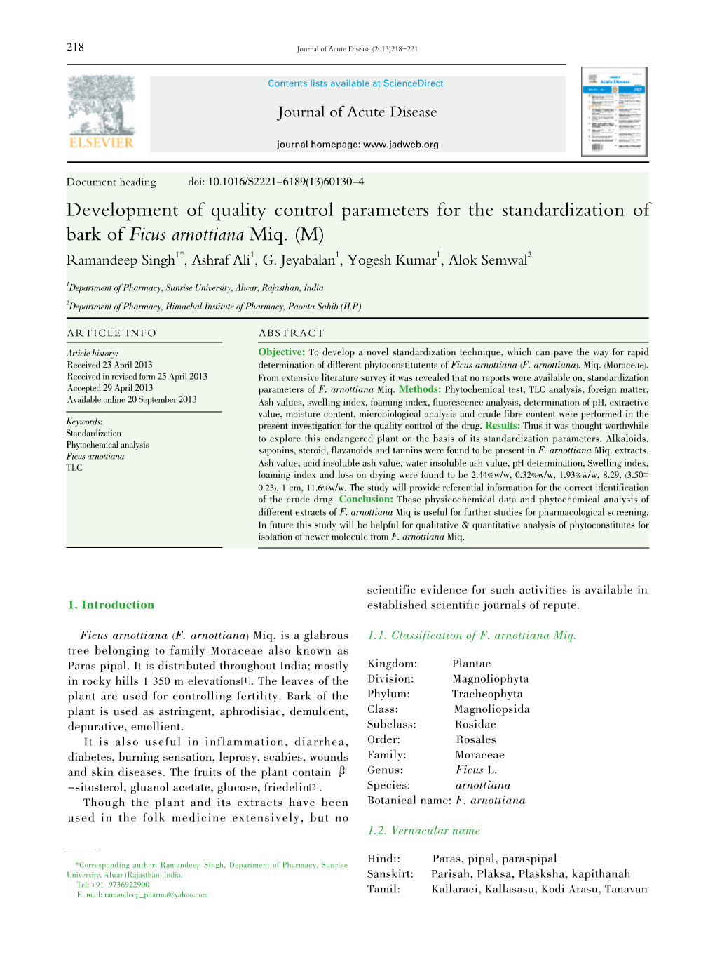 Development of Quality Control Parameters for the Standardization of Bark of Ficus Arnottiana Miq. (M) Ramandeep Singh1*, Ashraf Ali1, G