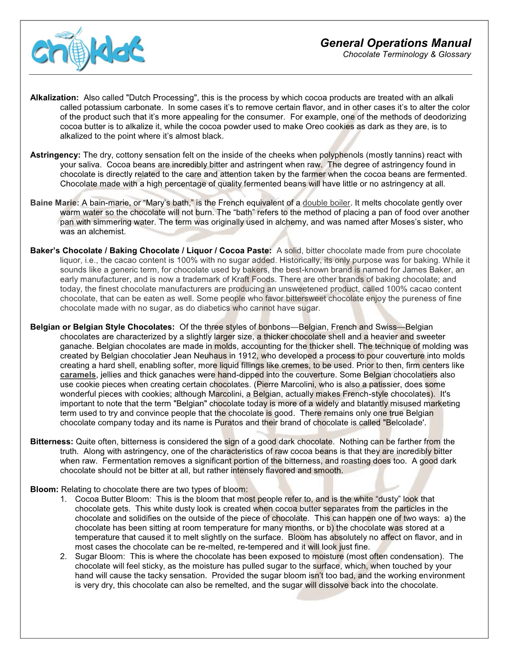 General Operations Manual Chocolate Terminology & Glossary