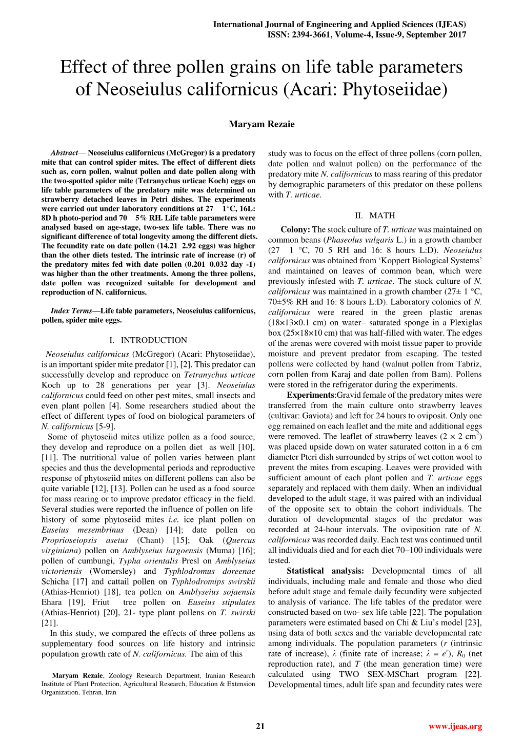 Effect of Three Pollen Grains on Life Table Parameters of Neoseiulus Californicus (Acari: Phytoseiidae)