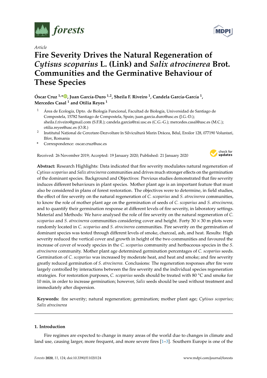 Fire Severity Drives the Natural Regeneration of Cytisus Scoparius L. (Link) and Salix Atrocinerea Brot