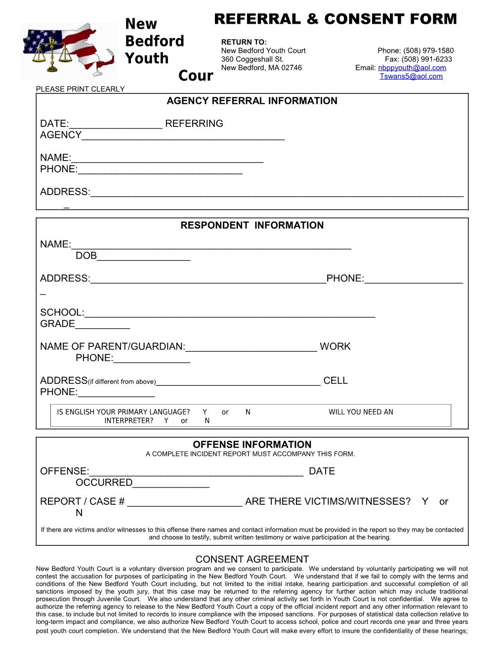 New Bedford Youth Court Referral and Consent Form