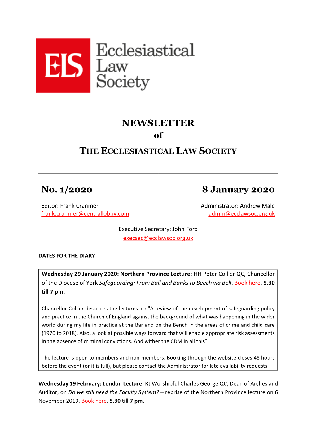 NEWSLETTER of the ECCLESIASTICAL LAW SOCIETY