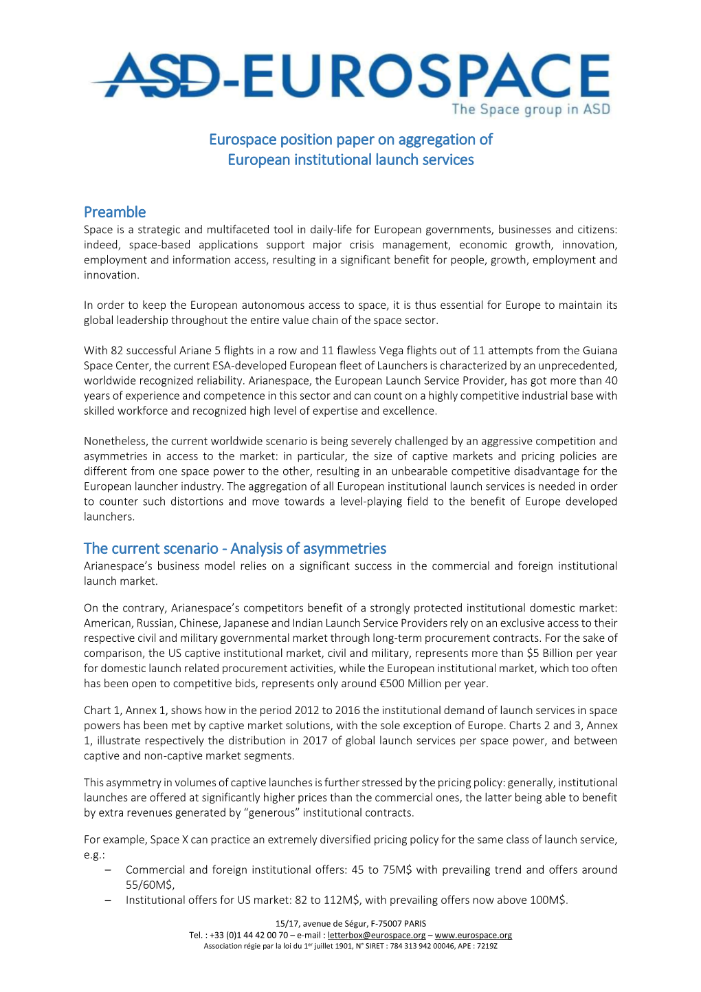 Eurospace Position Paper on Aggregation of European Institutional Launch Services