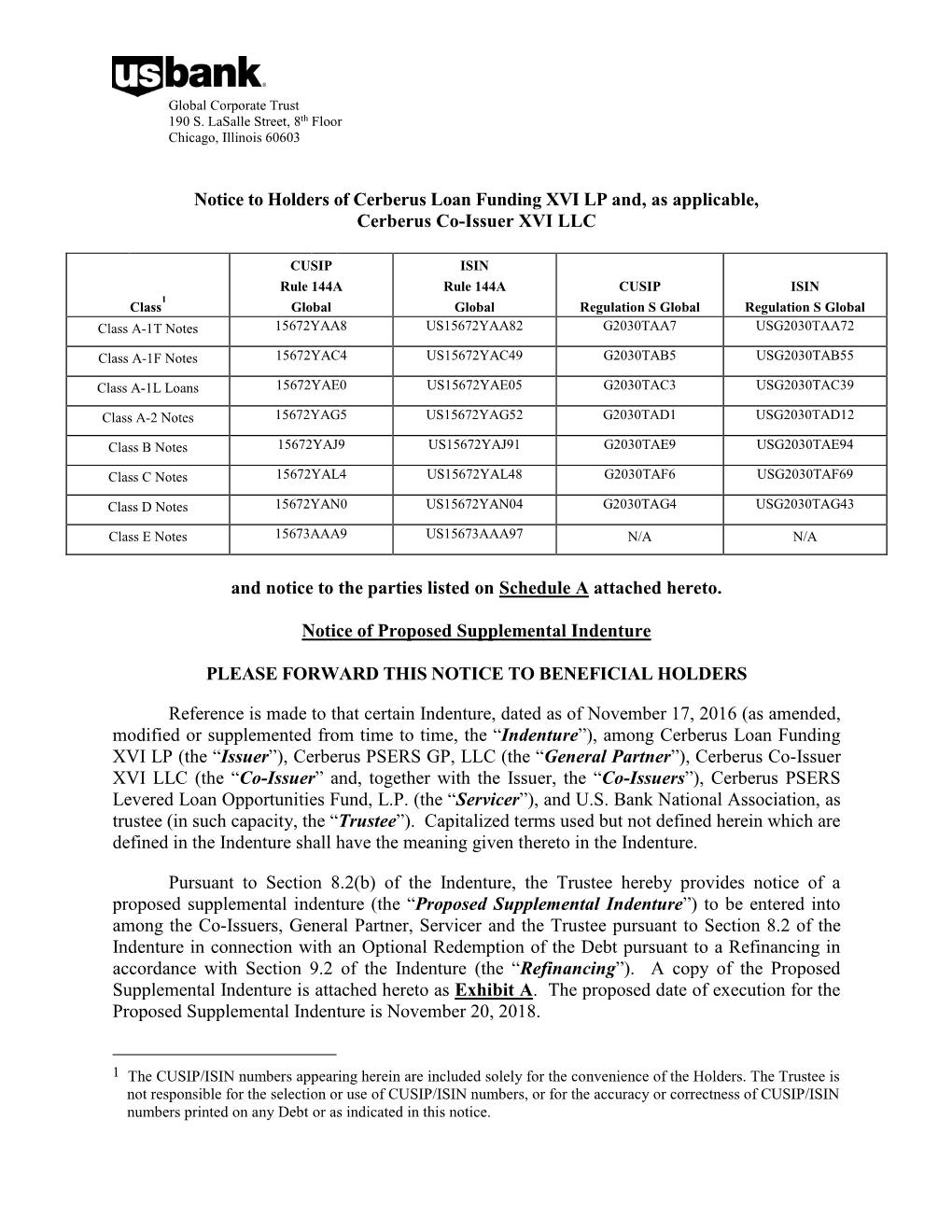 Notice to Holders of Cerberus Loan Funding XVI LP And, As Applicable, Cerberus Co-Issuer XVI LLC and Notice to the Parties List