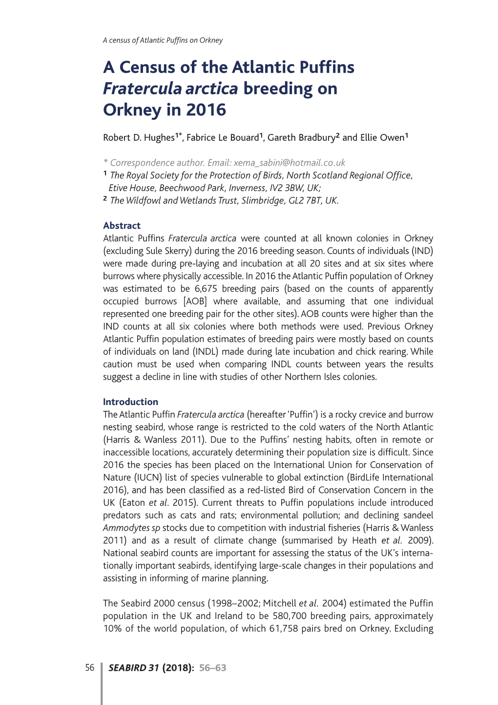 A Census of the Atlantic Puffins Fratercula Arctica Breeding on Orkney in 2016