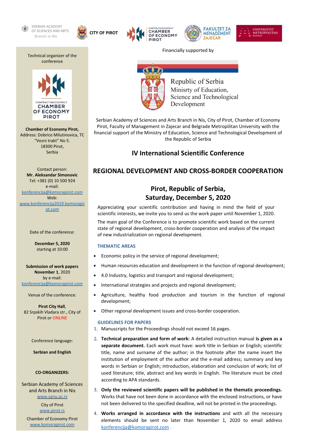 IV International Scientific Conference REGIONAL DEVELOPMENT AND