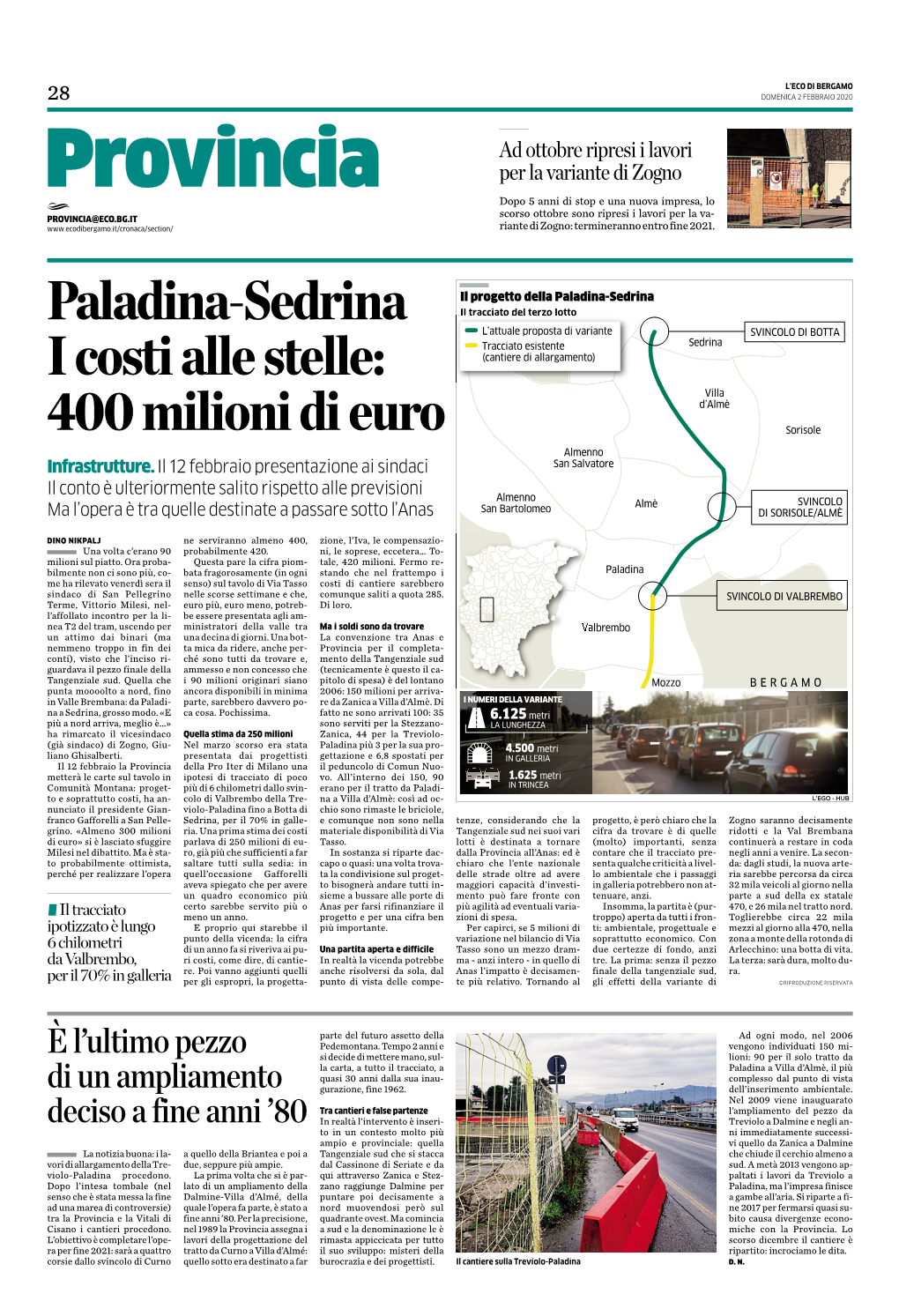 Paladina-Sedrina I Costi Alle Stelle: 400 Milioni Di Euro