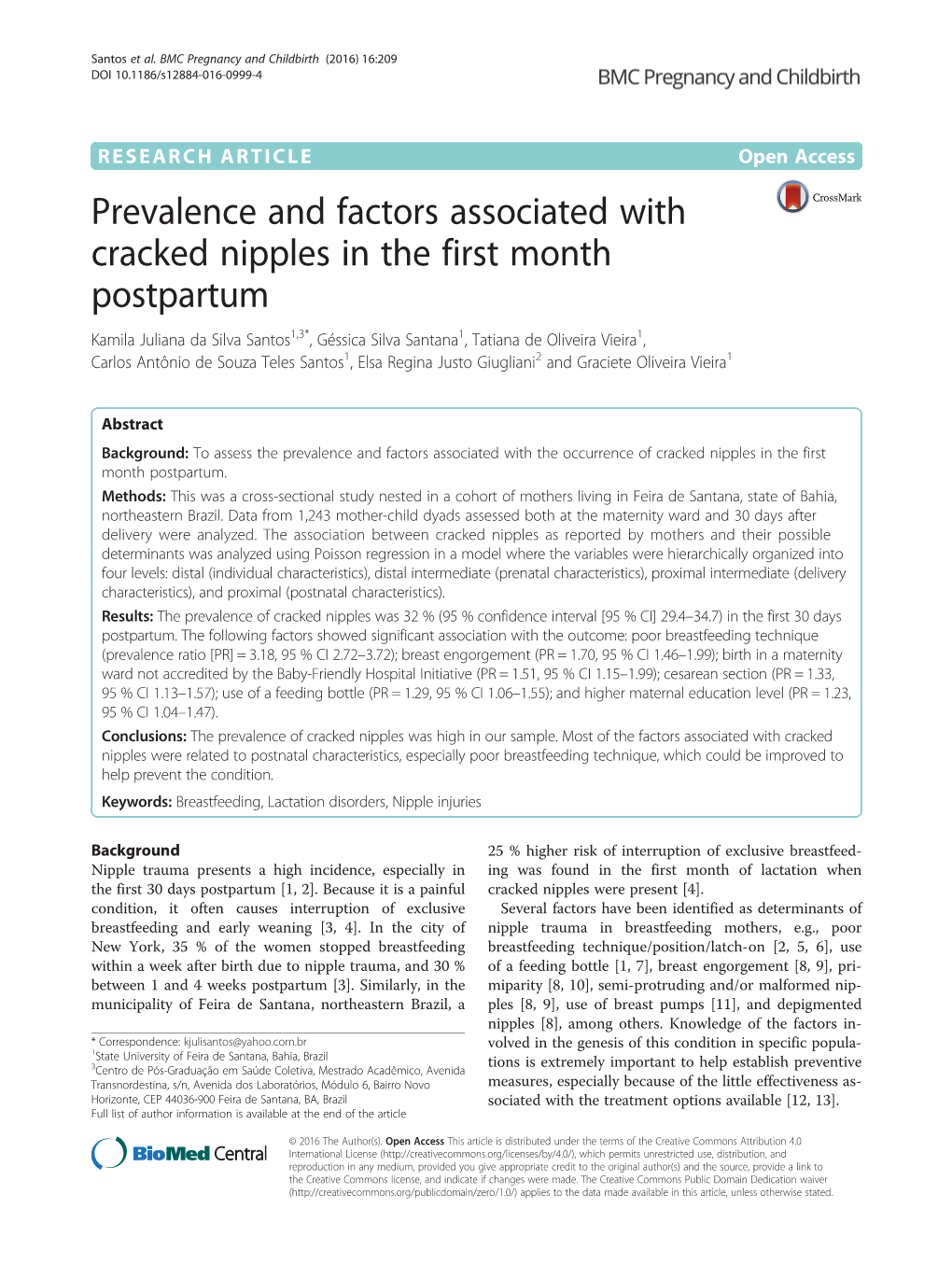 Prevalence and Factors Associated with Cracked Nipples in the First Month Postpartum